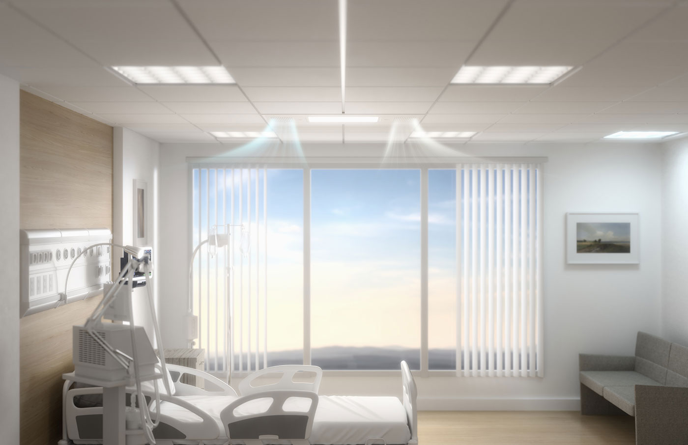 hospital room with clean air filtration system